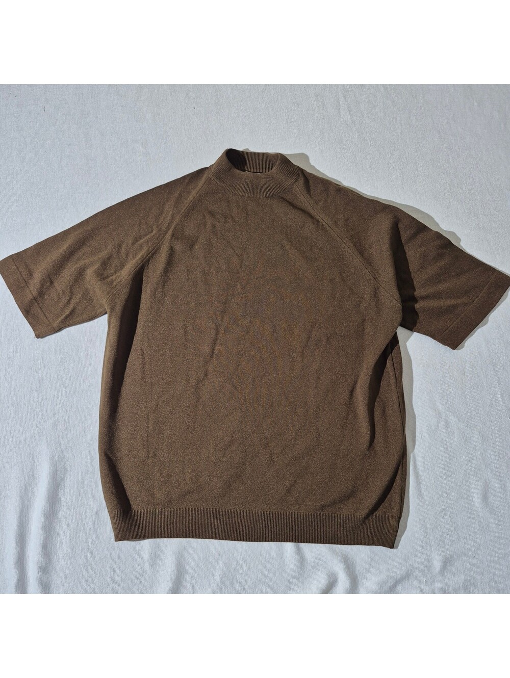 Vintage 70s Thane Ban-Lon L Large brown short sleeve mock neck top